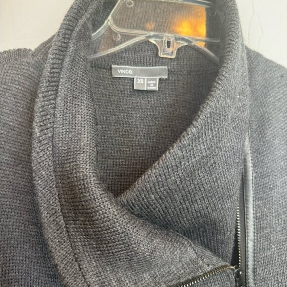 VINCE Wool Leather Moto Sweater Jacket Knit Asymmetrical Zip Funnel Minimalist - Picture 5 of 16
